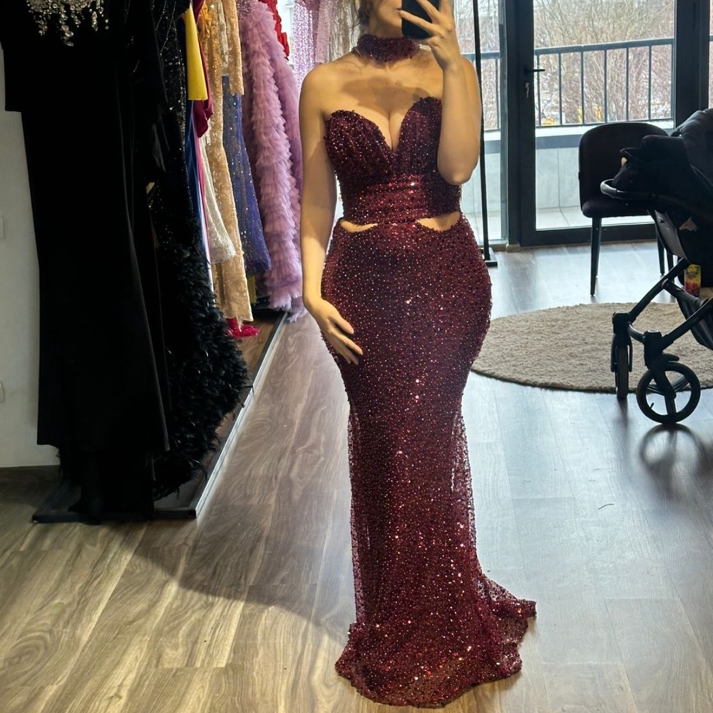 Custom Elegant Red Sequin Evening Gown
